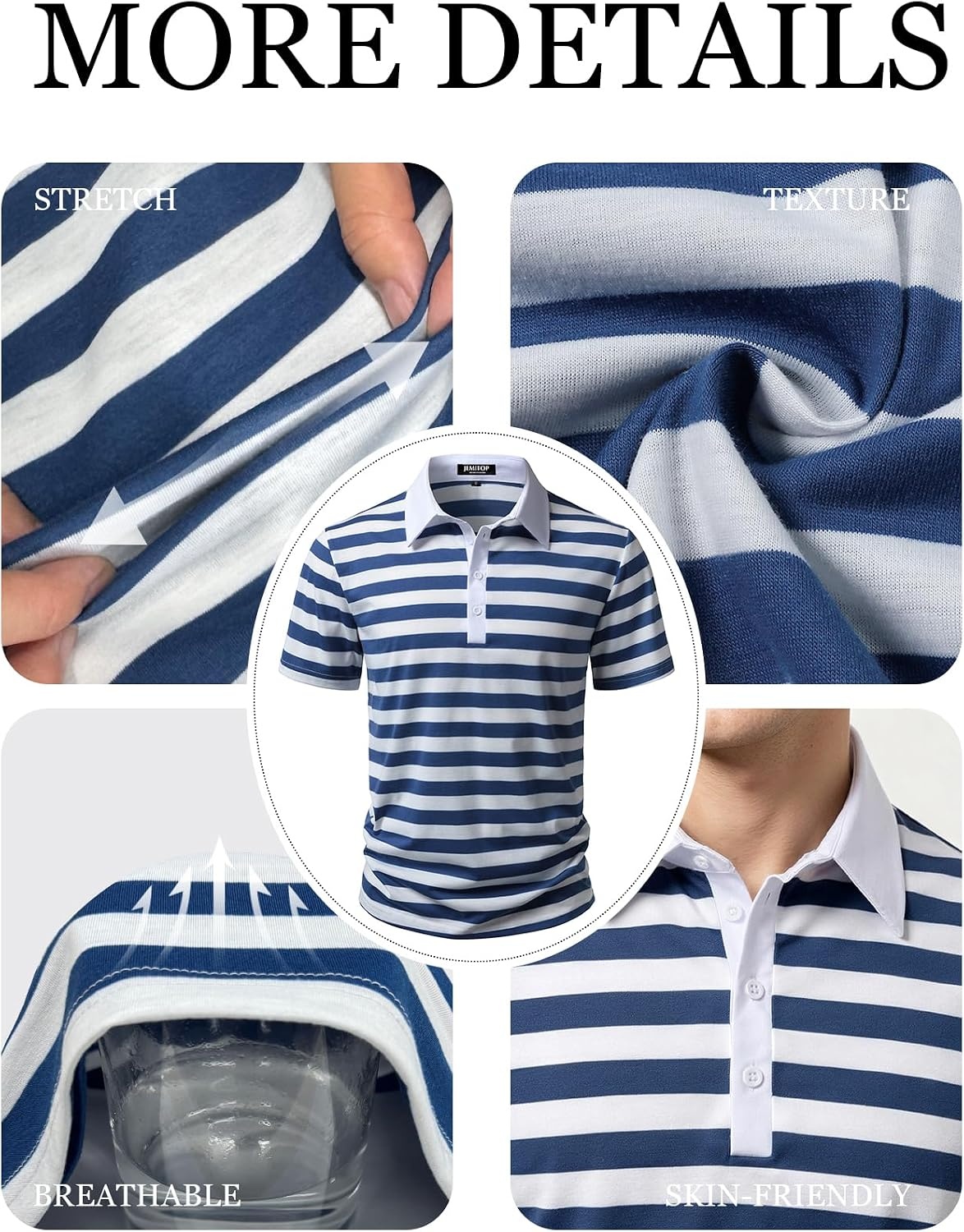 image:imageJEMITOP Men Stretch Knit Slim Fit Polo ShirtBlue White Striped