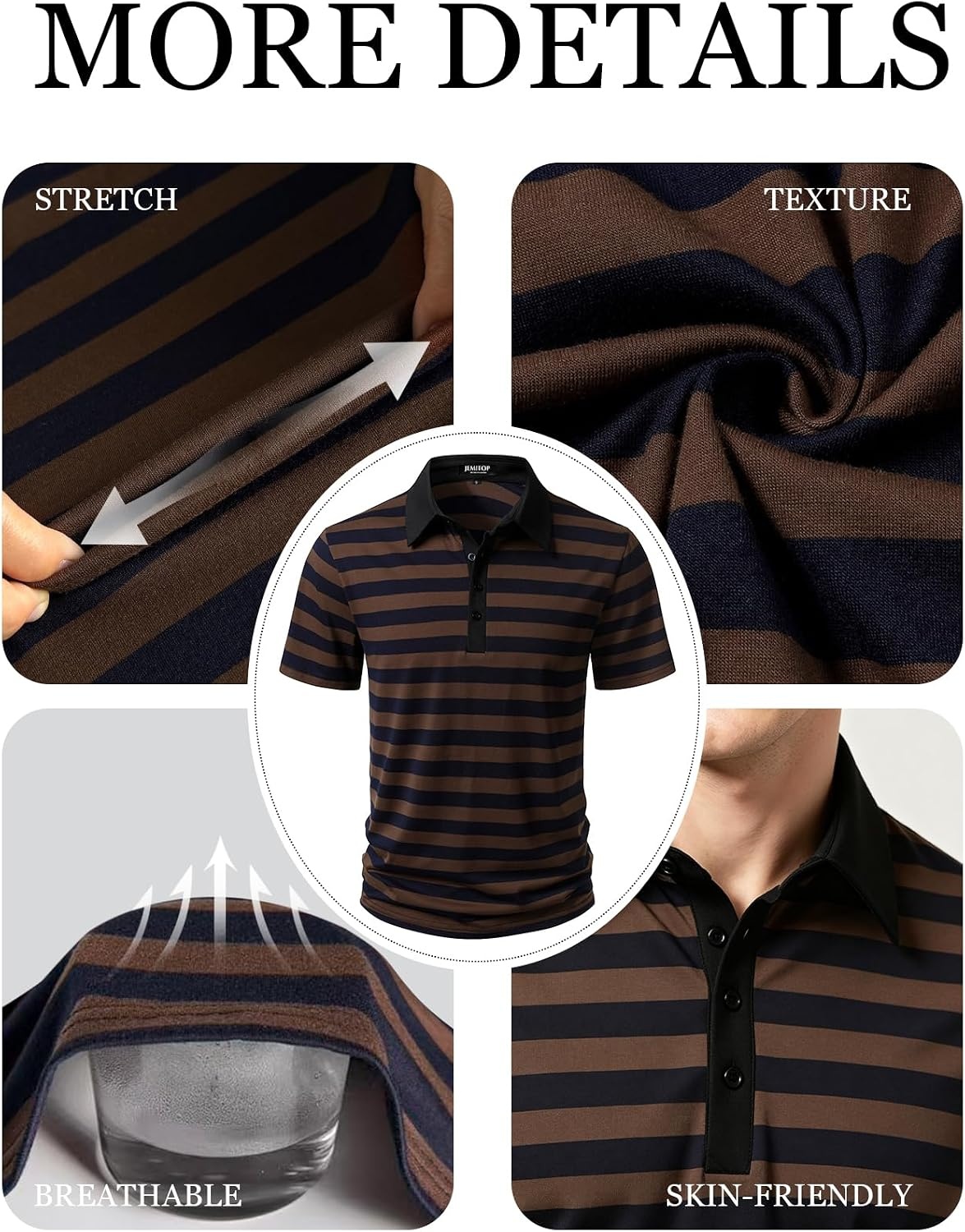 image:imageJEMITOP Men Stretch Knit Slim Fit Polo ShirtBrown Navy Blue Striped