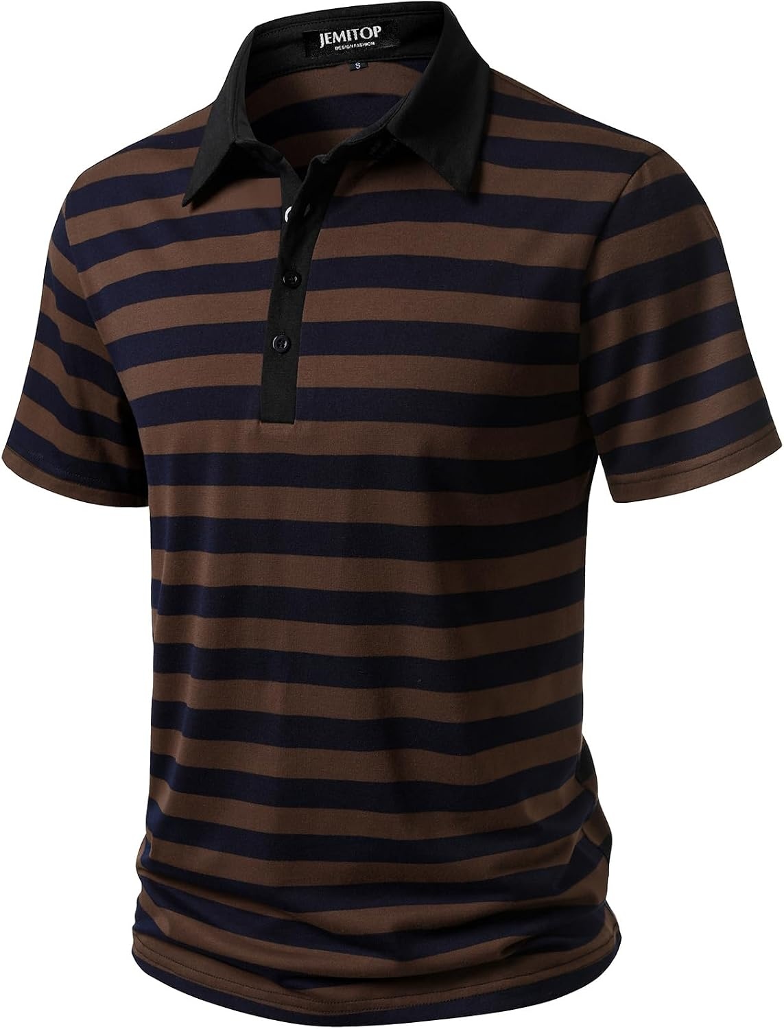 image:imageJEMITOP Men Stretch Knit Slim Fit Polo ShirtBrown Navy Blue Striped