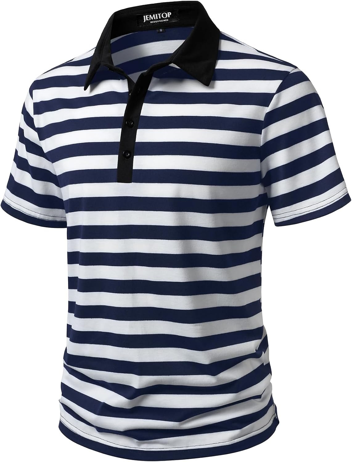 image:imageJEMITOP Men Stretch Knit Slim Fit Polo ShirtNavy Blue White Striped