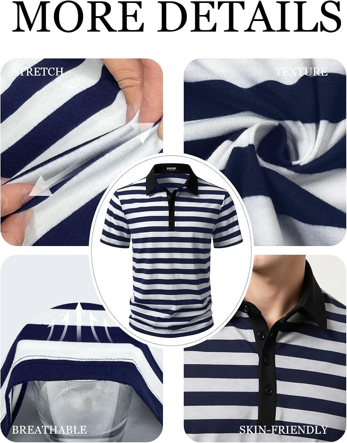 image:imageJEMITOP Men Stretch Knit Slim Fit Polo ShirtNavy Blue White Striped