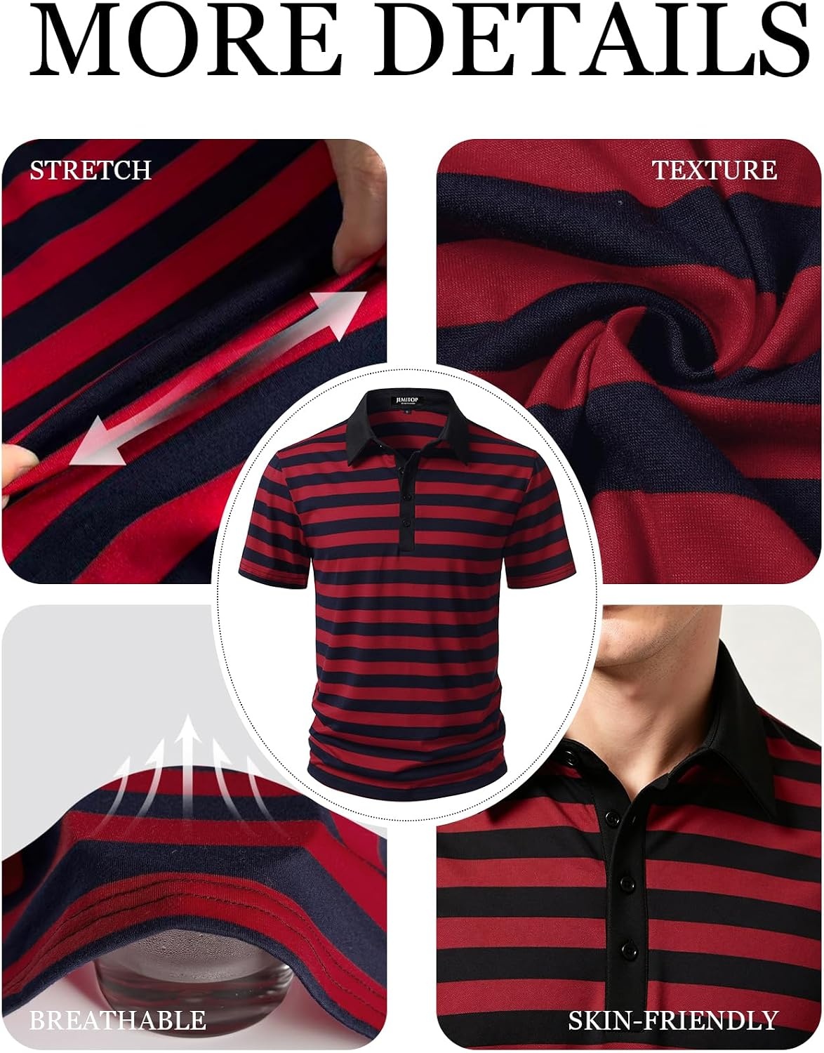 image:imageJEMITOP Men Stretch Knit Slim Fit Polo ShirtRed Navy Blue Striped