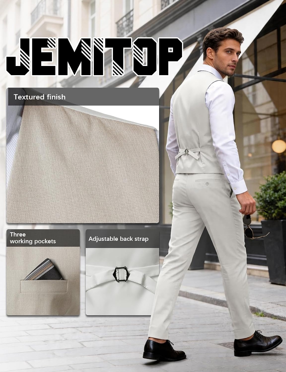 image:imageJEMITOP Mens Lightweight Texture Slim Fit Suit Dress VestBeige