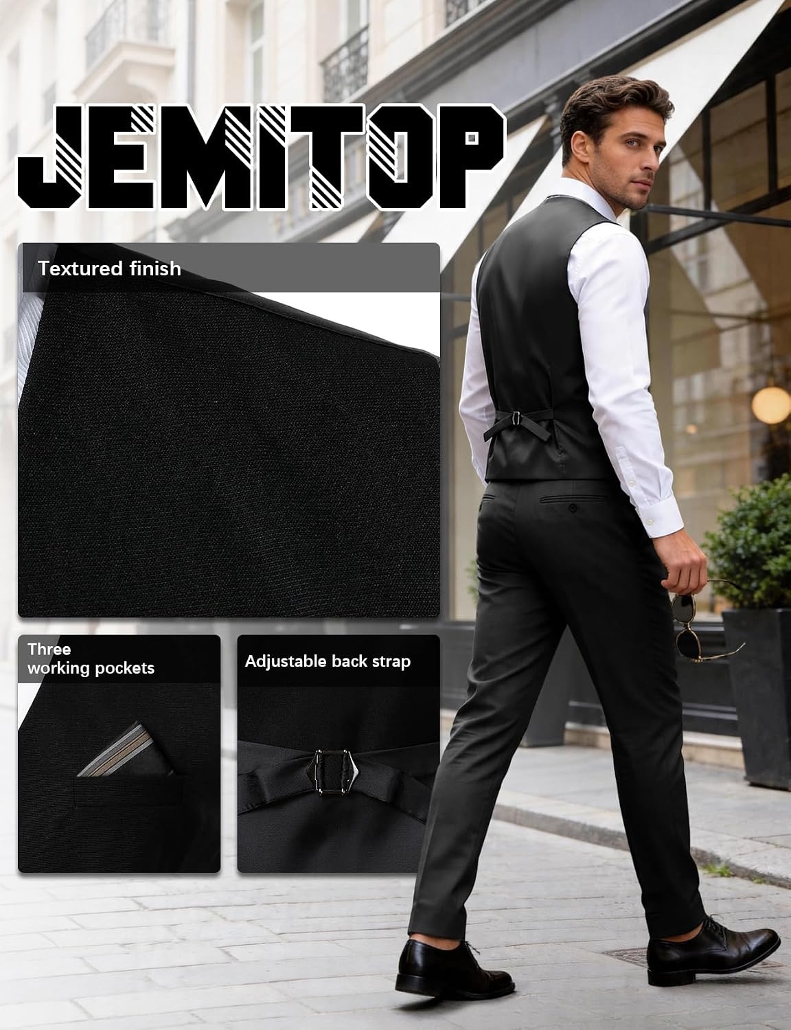 image:imageJEMITOP Mens Lightweight Texture Slim Fit Suit Dress VestBlack