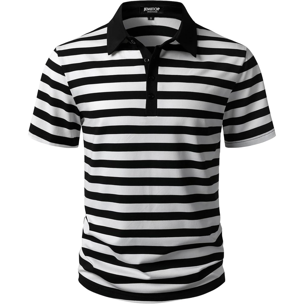 image:imageJEMITOP Men Stretch Knit Slim Fit Polo ShirtBlack White Striped