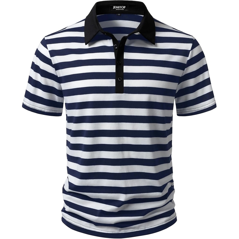 image:imageJEMITOP Men Stretch Knit Slim Fit Polo ShirtNavy Blue White Striped