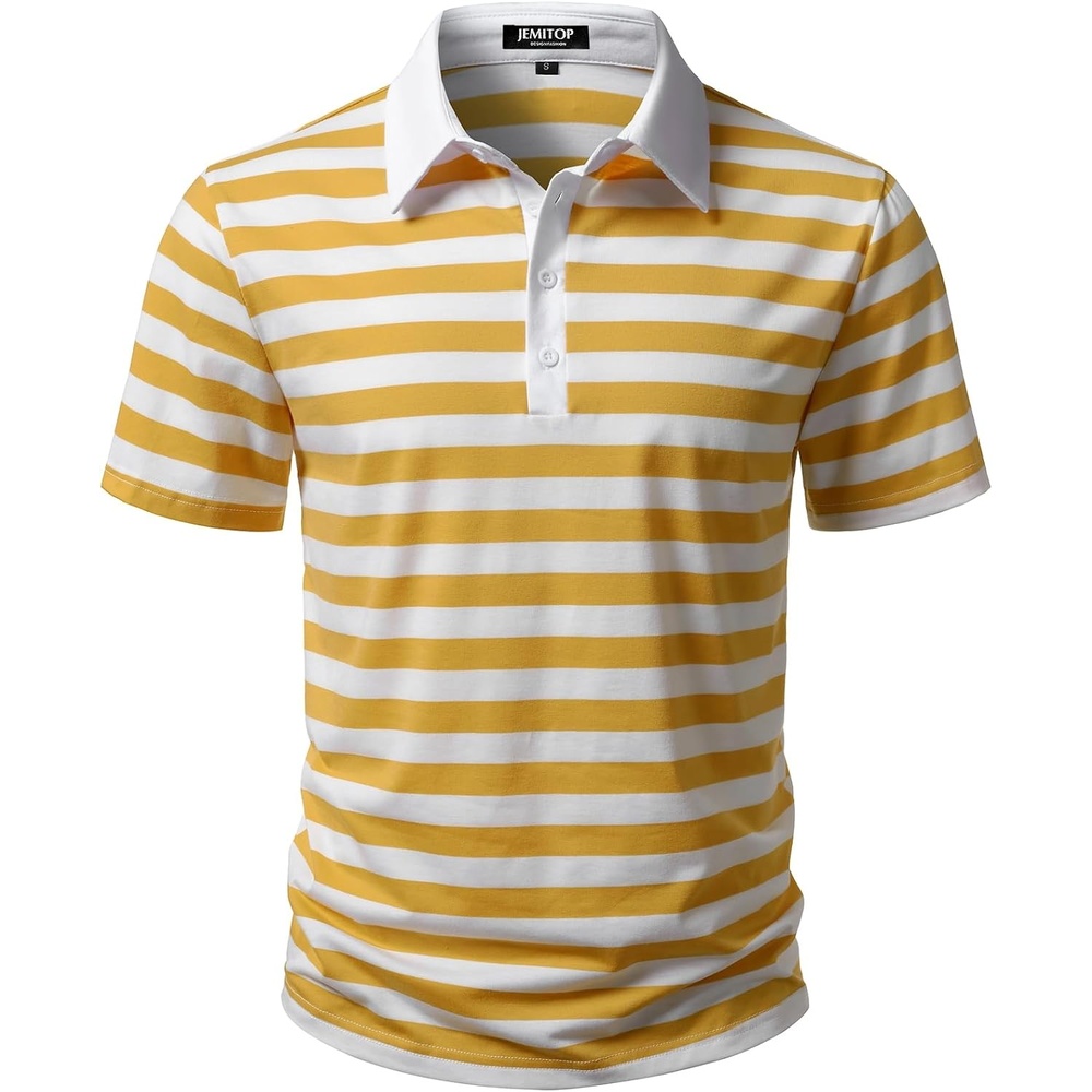 image:imageJEMITOP Men Stretch Knit Slim Fit Polo ShirtYellow White Striped