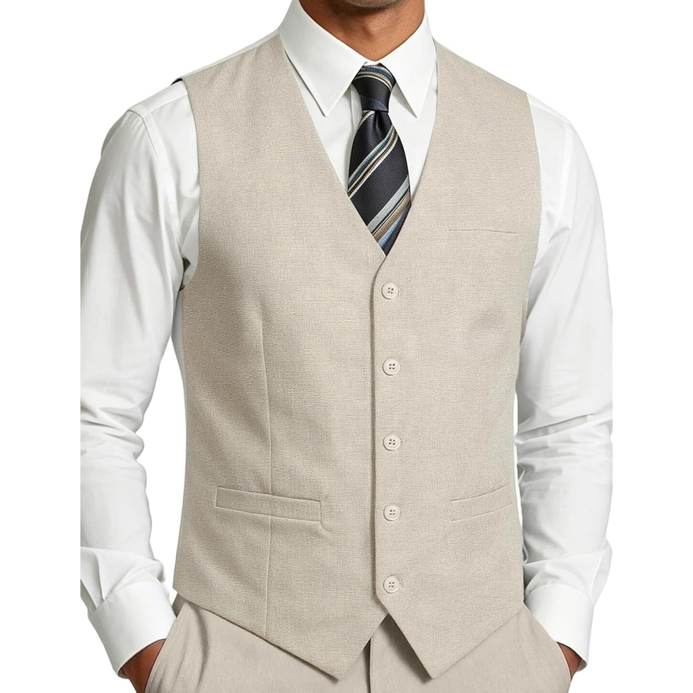 image:imageJEMITOP Mens Lightweight Texture Slim Fit Suit Dress VestBeige