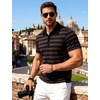 JEMITOP Men Stretch Knit Slim Fit Polo Shirt(Brown Navy Blue Striped)