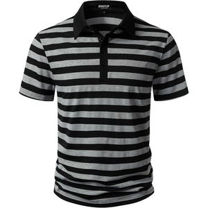 JEMITOP Men Stretch Knit Slim Fit Polo Shirt(Black Grey Striped)