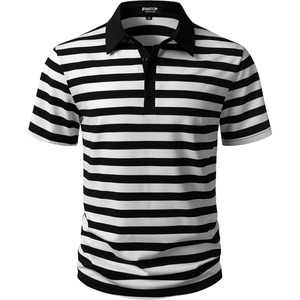 JEMITOP Men Stretch Knit Slim Fit Polo Shirt(Black White Striped)