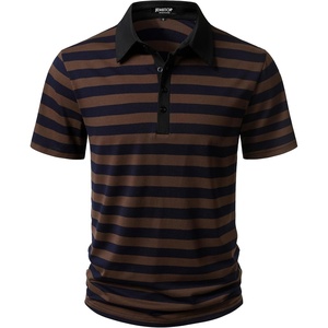 JEMITOP Men Stretch Knit Slim Fit Polo Shirt(Brown Navy Blue Striped)