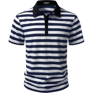 JEMITOP Men Stretch Knit Slim Fit Polo Shirt(Navy Blue White Striped)