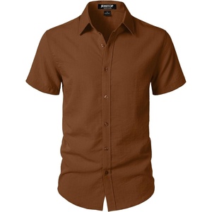 JEMITOP Mens Stretch Textured Short Sleeve Casual Shirt(Burnt Brown)