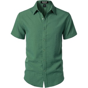 JEMITOP Mens Stretch Textured Short Sleeve Casual Shirt(Dark Green)