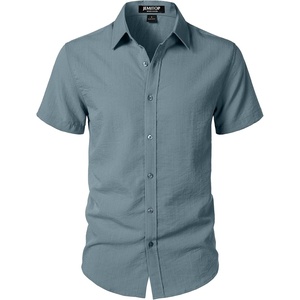 JEMITOP Mens Stretch Textured Short Sleeve Casual Shirt(Grey Blue)