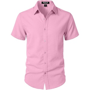 JEMITOP Mens Stretch Textured Short Sleeve Casual Shirt(Pink)