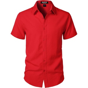 JEMITOP Mens Stretch Textured Short Sleeve Casual Shirt(Red)