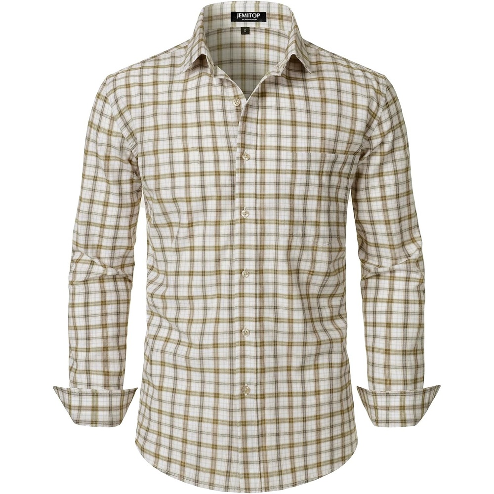 image:imageJEMITOP Mens Transitional Weather Plaid ShirtBeige Yellow Gingham